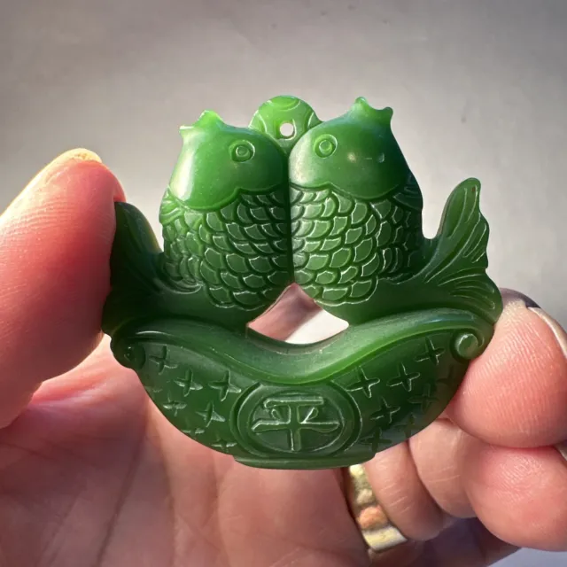 Beautiful Nature A Spinach Green Jade Hand Carved Double Fishes Pendant Unixes