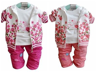 3pcs Toddler Baby Girls Peony Hooded coat+long sleeve T-shirt+pants kids Outfits