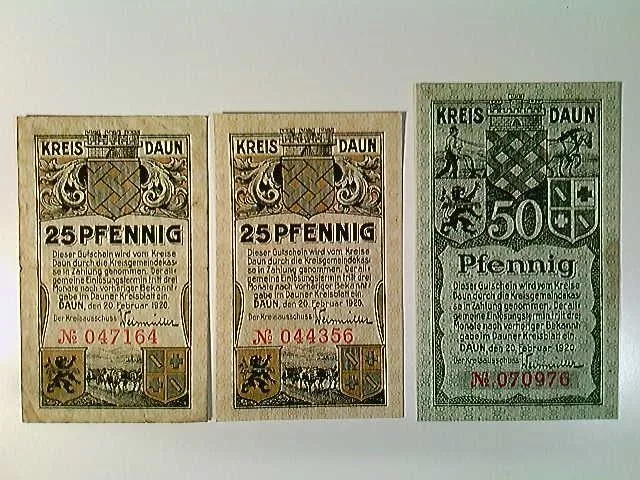 Notgeld, Kreis Daun, 2x 25 und 1x 50 Pfennig, 1920