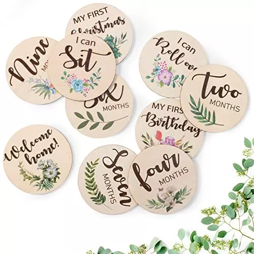 Baby Monthly Milestone Cards Sign - 10 Double Sided Marker Wooden Circles Discs
