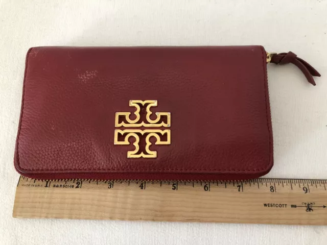 Tory Burch Soft Pebble Leather Wallet Zip Around Burgundy Continental