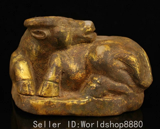 7.2" Ancient China White Jade Carved Gilt Fengshui Zodiac Year Bull Oxen Statue