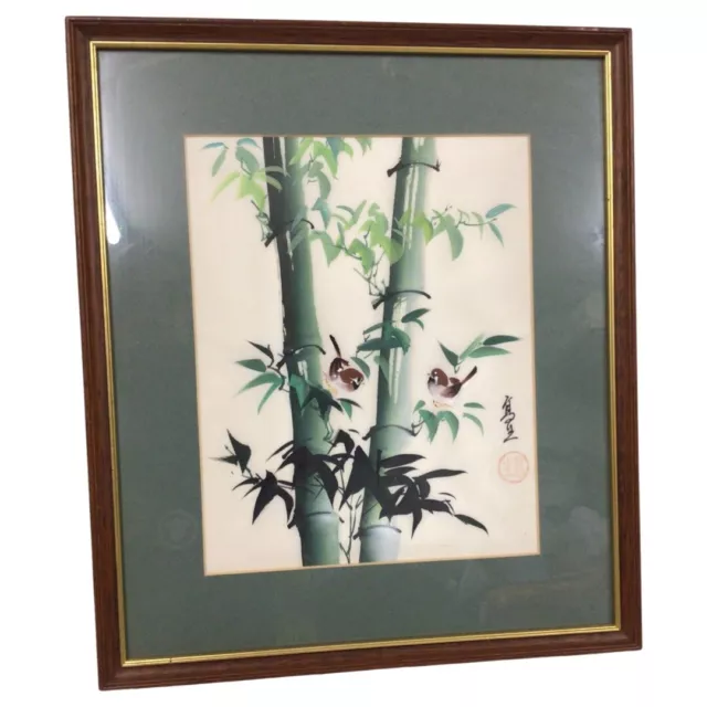 Chinese Birds On Bamboo Original Watercolor On Silk Like Materialpainting Signed