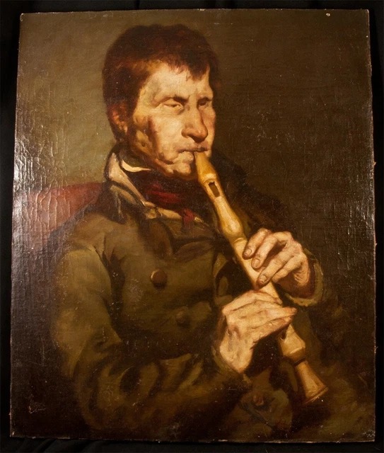 Antique Painting Oil Canvas The Flutist Player Flute Costumed Art Rare Old 19th