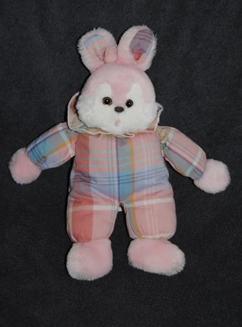 Peluche Doudou Lapin Rose Blanc NOUNOURS Carreaux Bleu Ancien Vintage 30 Cm TTBE