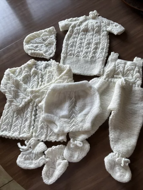 Vintage 1979 Hand Knitted Newborn Baby Outfits Bundle Lot Of 6 White - Beautiful