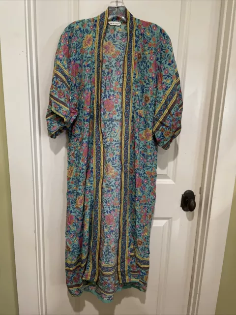 Fp To Love Aqua Turquoise Floral Boho Hippie Long Duster Kimono Robe Small