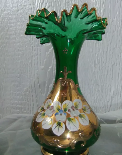 Vintage Bohemian Czech Green Ruffled Rim Glossy Gold Porcelain Flowers