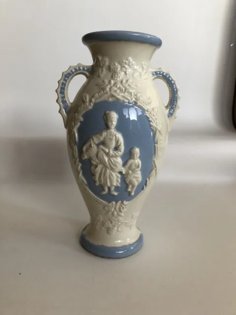 Vintage Two Handle Vase Jasperware Rococo Style Urn Made In Japan. White & Blue