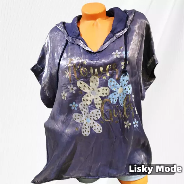 Italy Damen Tunika T-Shirt Kurzarm  Bluse glättet Kapuze dunkel Blau 40 42 44 2