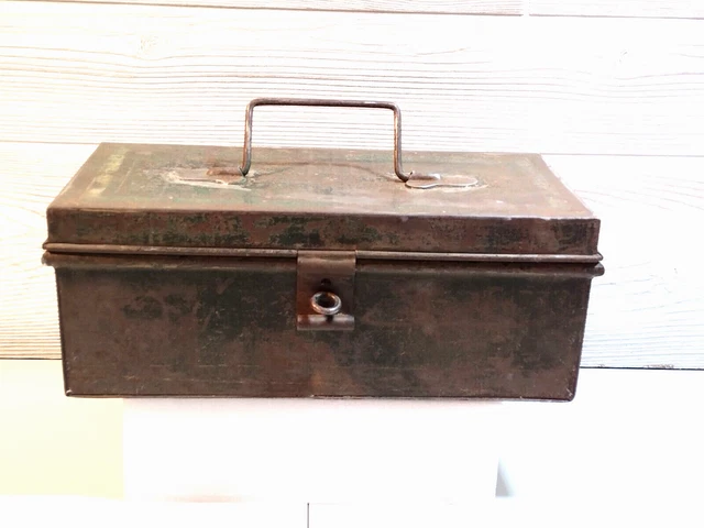 Antique 19th c. Green Metal Lock Box - Tin Bank for Cash, Deeds, or Documents
