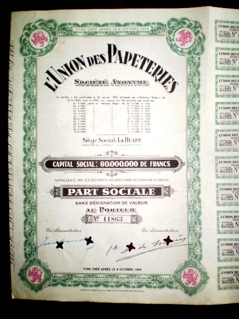 Union des Papeteries Share certificate,Belgium 1949