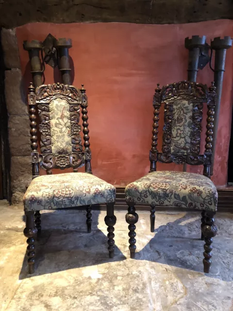 Pair Antique Hand Carved Oak Victorian Jacobean Throne  Crown Hall Chairs x 2