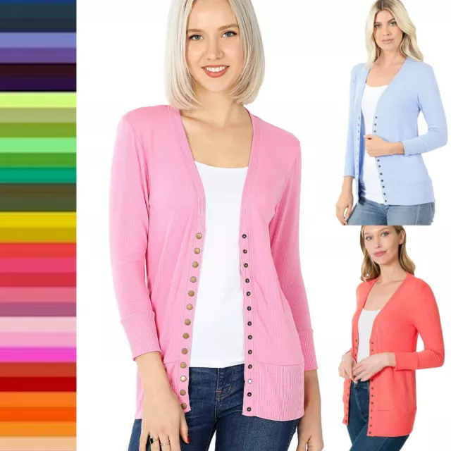 Women's 3/4 Sleeve Snap Button Front Ribbed Detail V Neck Sweater Cardigan