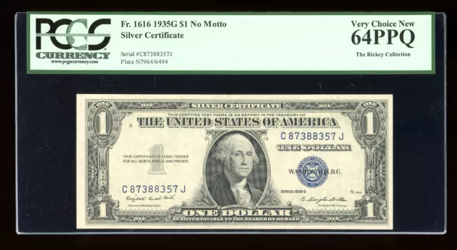 DBR $1 1935-G Silver Fr. 1616 No Motto CJ Block PCGS 64 PPQ Serial C87388357J