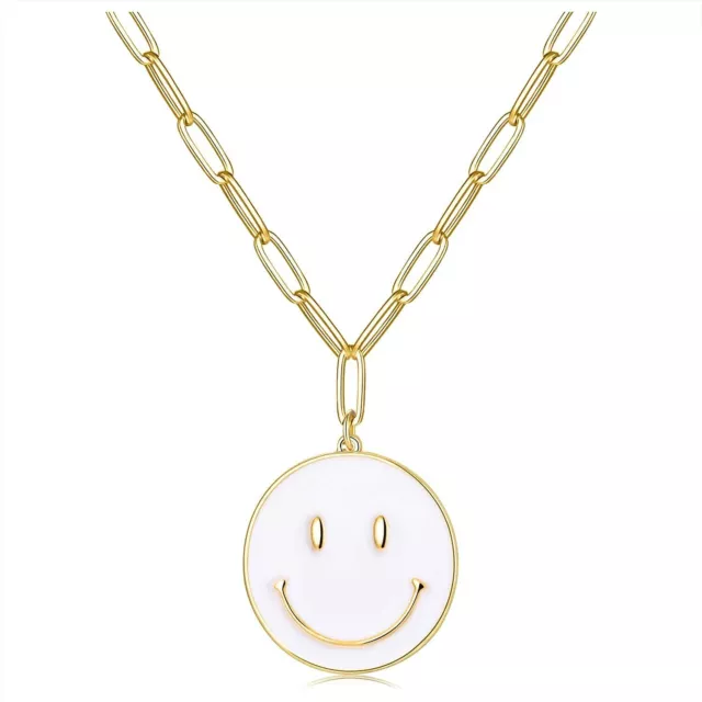 White Smiley Face Paperclip Necklaces 14K Gold Plated Stainless Steel Chain 2