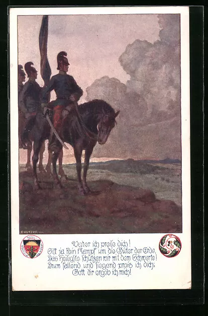 Künstler-AK Ernst Kutzer: Soldaten zu Pferde mit Spruch zu Gott 1914