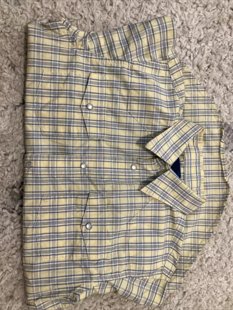 Wrangler Shirt Boys Large 10-12 Yellow/Blue Plaid Pearl Snaps Button Long