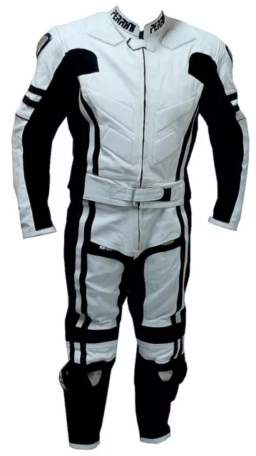 2pc Perrini Ghost Motorcycle Racing Leather Suit with Metal Waist Zipper w/ Hump