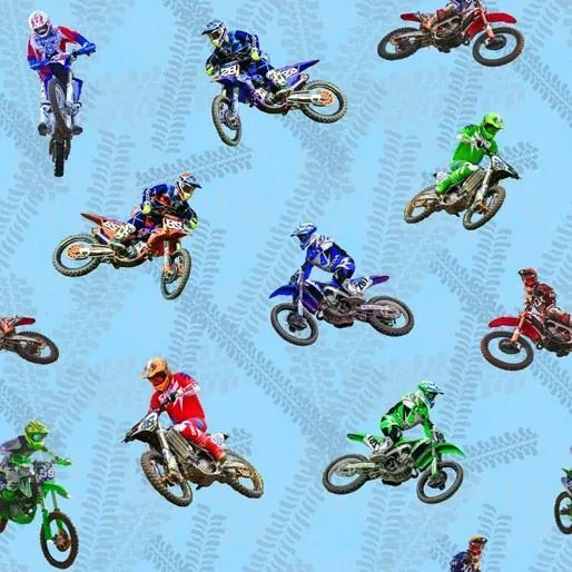 Motocross Maniacs Dirt Bikes Blue Background 1137H Cotton Quilting Fabric 1/2 YD