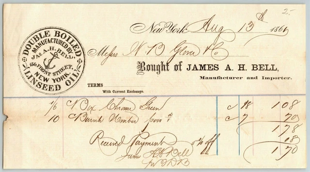 James A.H. Bell Linseed Oil - Glover, Warner & Clarke Sandy Hook Letterhead 1861