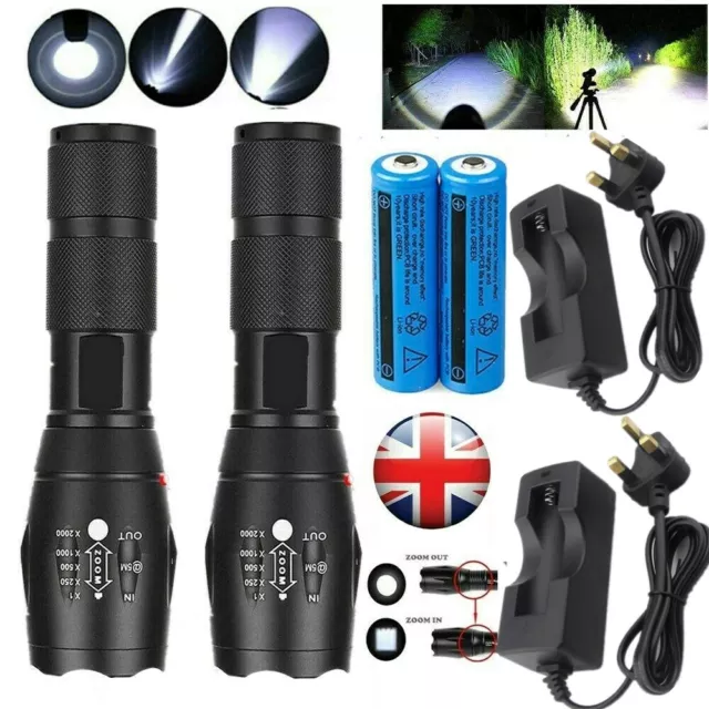 2x Super Bright 2500000LM High Power LED Tactical Torch Rechargeable Flashlight 2