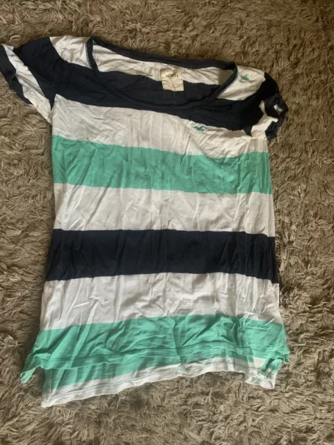 LADIES SMALL HOLLISTER Striped Top Mint Green Navy Blue White