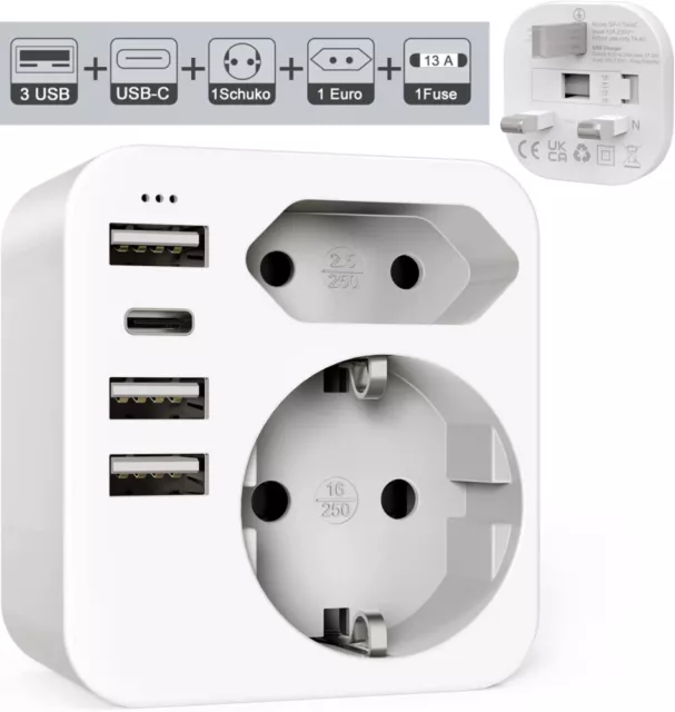 Adaptador de viaje Reino Unido 6 en 1 Inglaterra Alemania conector con cargador de pared 3USB tipo C