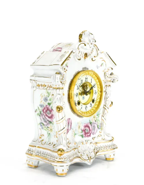 Ansonia Style Visible Escapement Floral 24K White Porcelain Mantle Clock 2