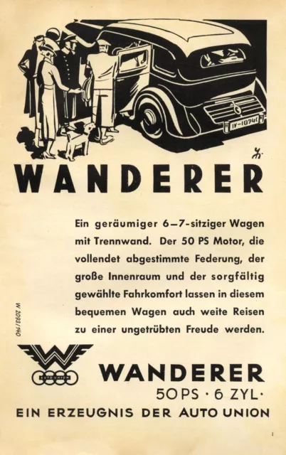 Wanderer Automobile Reklame 1936 50 PS 6 Zylinder Werbung Auto Union