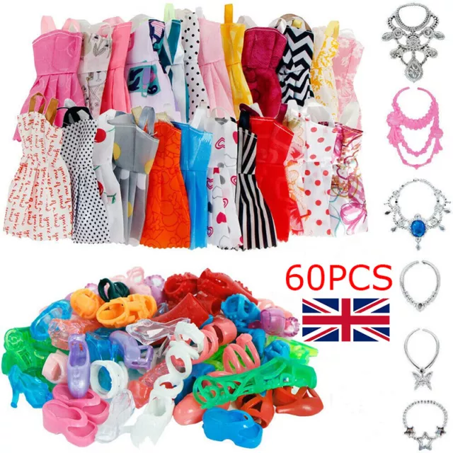 60Pcs Barbie Doll Clothes Bundle Dresses Shoes Set Lot Accessories Girl Toy Gift