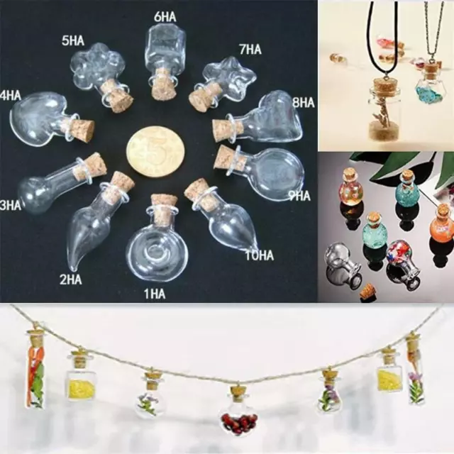 10 Mini Empty Glass Cork Bottle Pendant Vials Wish Charms Clear