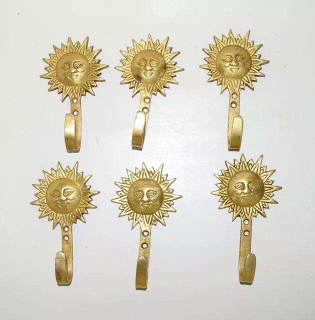 Brass Sun Wall Hook Set Of 06 Hooks Sun Face Design Door Hanging Hanger EK111