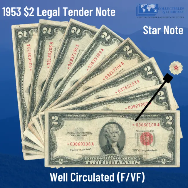✔ (1) 1953 Red Seal $2 Legal Tender Star Note, F/VF, OLD US Two Dollars Bill