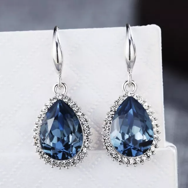 Thick 18K White Gold Filled Made With SWAROVSKI Crystal Teardrop Dangle Earrings
