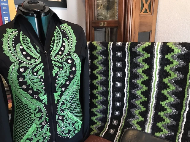 Western Pleasure Reining Trail Green & Silver Horse Show Vest-Backroads Pad Set