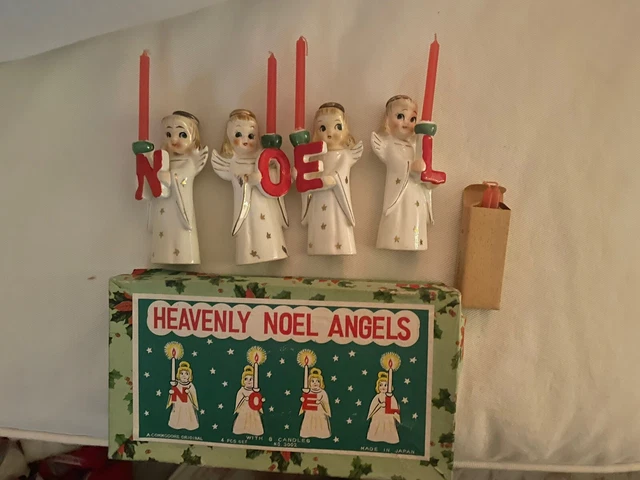 Vintage Commodore Japan Ceramic Heavenly Christmas NOEL Angel Candle Holders
