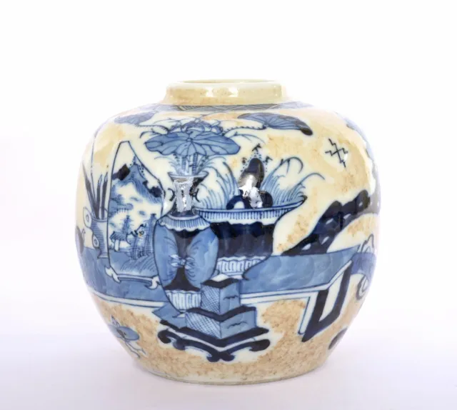 1930's Chinese Blue & White Crackle Glaze Porcelain Jar Pot Garden Vase Scene