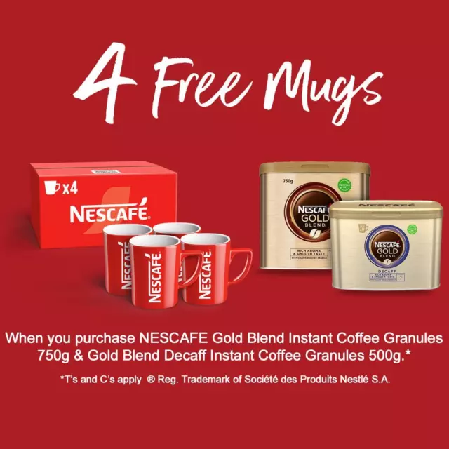 Nescafe Gold Blend 750g & Decaff Instant Coffee Granules 500g with 4x Free Mugs 2