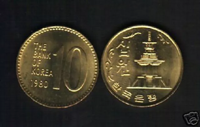 KOREA SOUTH 10 WON KM-6 a 1980 PAGODA TEMPLE UNC KOREAN COIN CURRENCY MONEY