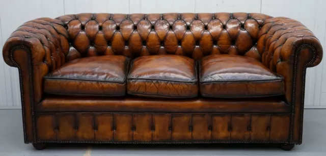 1930'S Hand Dyed Restored Whisky Brown Leather Chesterfield Club Sofa English 2