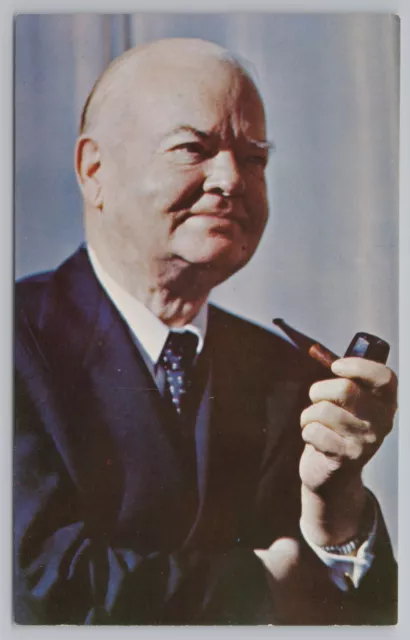 President & Patriotic~Portrait of Herbert Hoover In Library~Vintage Postcard