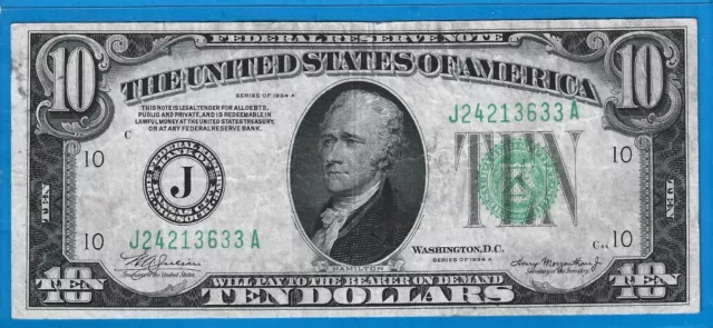 1934 A $10 FRN J-Kansas City,Green Seal,Circ VF,Nice!