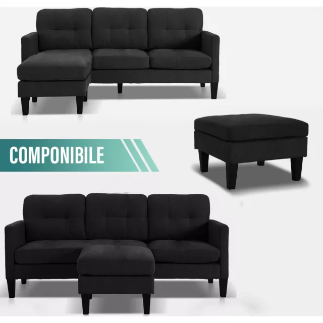 Divano con Penisola Reversibile Mobile e Cuscini Imbottiti Sofa 4 Posti Nero 3