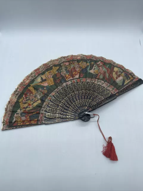 Antique 19th Century Chinese Qing Dynasty Folding Hand Fan-Silk & Lacquer Sticks