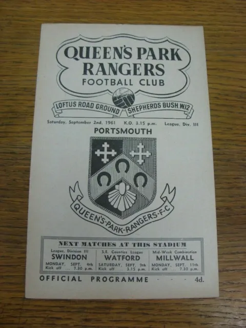 02/09/1961 Queens Park Rangers v Portsmouth  (folded). For UK orders postage/shi