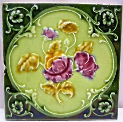 Antique Tile Majolica Art Nouveau England Rose Purple Architecture Floral #172