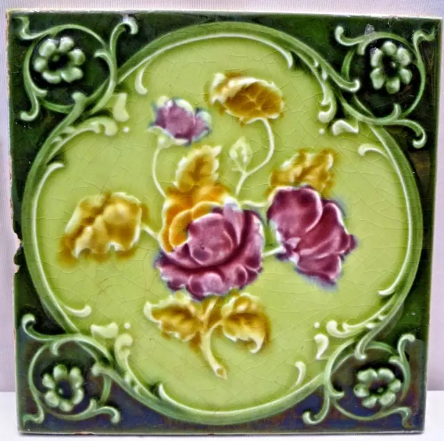 Antique Tile Majolica Art Nouveau England Rose Purple Architecture Floral #172