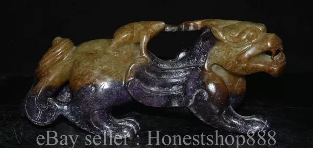 9.6” Old Chinese Hetian Jade Carving Feng Shui Pixiu Dragon Beast Lucky Statue
