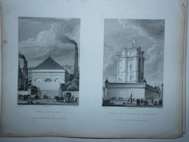 2 engravings mid-19th century passy fire pump and keep chateu de vinennes